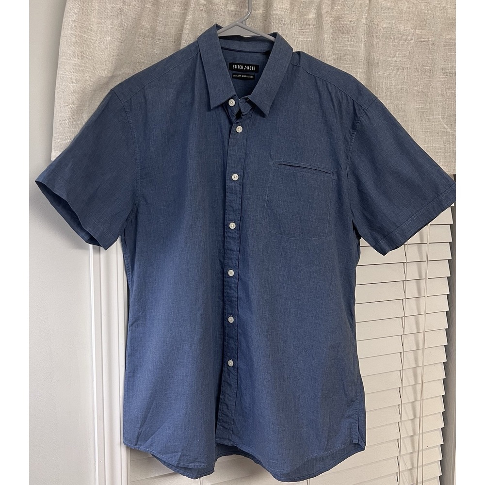 Stitch Note Men's L Blue Cotton Short Sleeve Button-Up Casual Shirt Classic